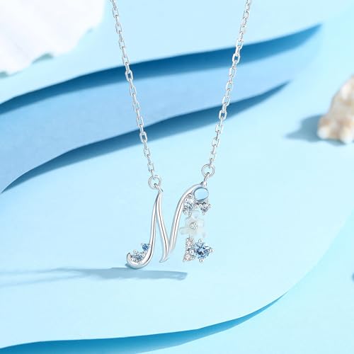 VIKI LYNN Initial Necklace for Women 925 Sterling Silver Initial A to Z Letter Pendant Necklace with Blue Flower Cubic Zirconia Birthday Engagement Gift for Women,Mom, Couple - style: Letter M