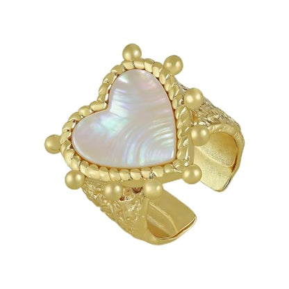 HZMAN 14K Gold Plated Open Ring for Women Brass Crystal Non Adjustable Statement Ring Collection - color: Heart Mother of Pearl