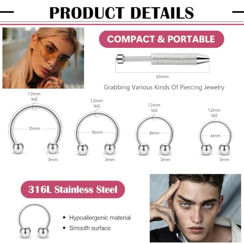 16G Horseshoe Septum Rings 6/8/10/12MM with Tool & & Ball Grabber Hypoallergenic Surgical Stainless Steel Septum Jewlery Silver Nose Cartilage Lip Rook Cartilage Helix Horseshoe Septum Piercing Jewelry