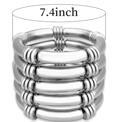 YBMYCM 5PCS Gold Chunky Bangles Bracelets for Women | 14k Gold Plated Stackable Layered Curved Bamboo Tube Stretch Bracelets Bangle Gift Jewelry - color: 5pcs Silver-8mm