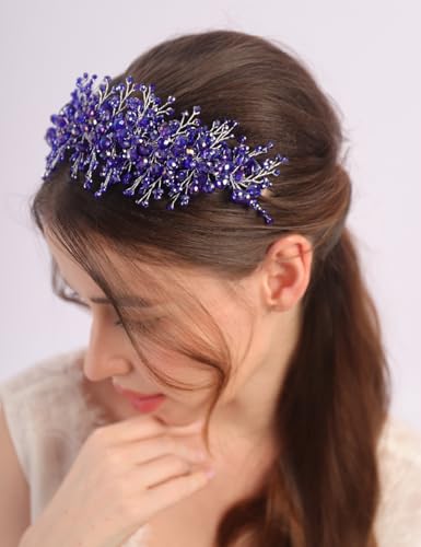 Rhinestones Beads Hair Crown for Wedding Brides Women Tiara Jewelry Handmade Sparkle Hair Piece - color: Blue