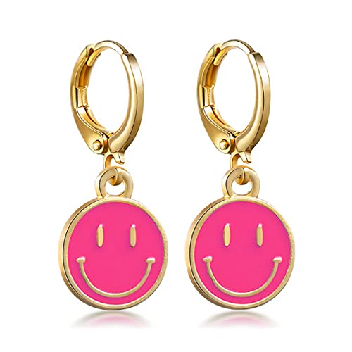 Preppy Earrings for Women Smile Face Heart Charms Pendants Gold Small Huggie Hoop Dangle Drop Earrings Trendy Y2K Jewelry Gifts - color: Smile-Pink