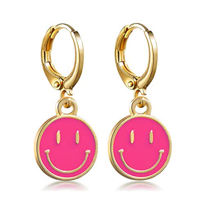 Preppy Earrings for Women Smile Face Heart Charms Pendants Gold Small Huggie Hoop Dangle Drop Earrings Trendy Y2K Jewelry Gifts - color: Smile-Pink
