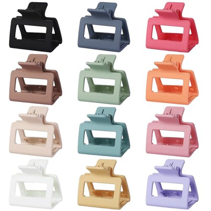 Sisiaipu 2 Inch Medium Hair Claw Clips 12 Pcs Square Hair Clips for Thin Hair Matte Nonslip Acrylic Banana Jaw Clips Bulk Hair Accessories for women and Girls - Colorful