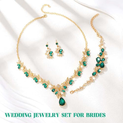 Sixexey Bridal Wedding Jewelry Set Crystal Neck Jewelry Rhinestone Wedding Prom Jewelry Accessories for Women - color: Green Crystal