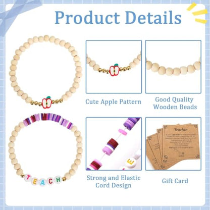 Teacher Appreciation Bracelets Gifts 6 Sets Wooden Beaded Stretch Bracelet | with Thank You Cards, for End of The Year Teachers Gifts Christmas Graduation New Year