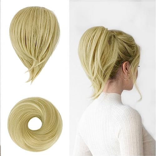 BARSDAR Straight Hair Bun Extensions - Short Straight Ponytail Blonde Hair Bun Extensions for Women, Elastic Synthetic Messy Hair Bun Scrunchies Hairpieces Daily - Ash Blonde Mix - color: Ash Blonde mix Buttery Blonde, size: 1 Count - Elastic
