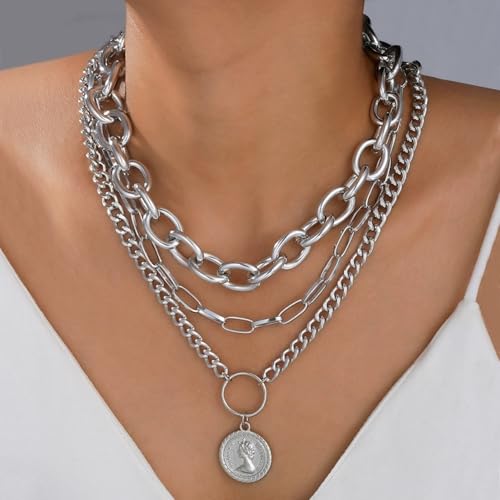 Layered Necklace Set Women - Cuban Paperclip Coin Pendant Silver | 3 pcs chunky stackable set, Trendy toggle clasp, Mixed link texture, Coin charm detail, Perfect layered jewelry gift - color: Silver