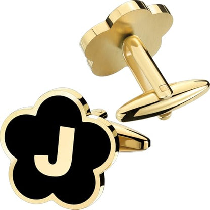 Initial Cufflinks for Mens,Personalized Black Glod Pated Letter Shirts CuffLinks,Stainless Steel Cuff Links, Business Wedding Gift A-Z - style: Letter J