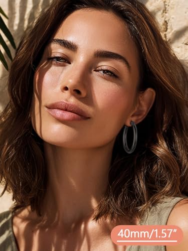 FaithHeart Silver/Black/Gold Stainless Steel Chunky Hoop Earrings for Women | Hypoallergenic Lightweight Hoop Earrings, Trendy Statement Thick Hoop, 20/30/40/50/60/70/80mm - color: Black, size: 40mm