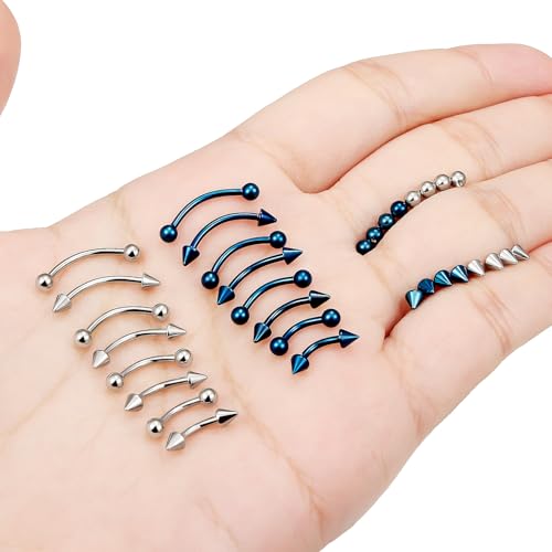 Jenxnjsjo 16g 6/8/10/12mm Silver/Gold/Black Eyebrow/Rook/Snug/Vertical-Labret/VCH/Snake-Eyes/Anti-Tragus/Christina/Daith/Belly-Button/Bridge/Hood/Surface Curved Barbell Piercing Jewelry for Women Men - color: Silver & Blue