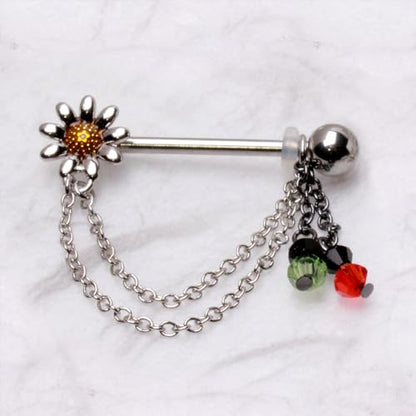 316L Stainless Steel Chained Flower & Beads Nipple Shield Sold As Pair