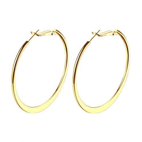 Gold Hoop Earrings,18K Gold Plated Rounded Hoops Earrings for Women - color: yellow-Flattened-2"