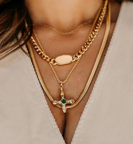 NUZON Sunburst Heart / 2-Tone Interlocking/CZ Evil Eye/Single Pearl/Love Heart Pendant Necklace for Women 14K Gold Chain Necklace Chunky Statement Jewelry - color: Green Agate Cross