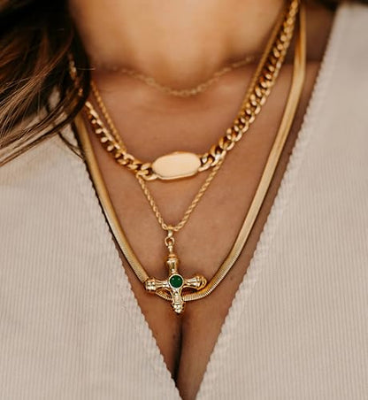 NUZON Sunburst Heart / 2-Tone Interlocking/CZ Evil Eye/Single Pearl/Love Heart Pendant Necklace for Women 14K Gold Chain Necklace Chunky Statement Jewelry - color: Green Agate Cross