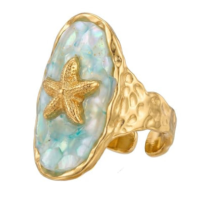Starfish Ring for Women Gold Tone Adjustable Open Band Stainless Steel Ocean Beach Jewelry Boho Seashell Statement Ring Summer Everyday Wear
