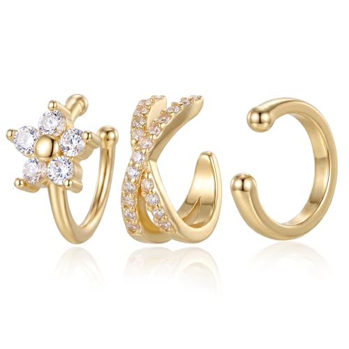 Ear Cuffs for Women Non Piercing - 3PCS Gold Clip On Earrings, 14K Gold Plated Adjustable Cuff Earrings for Women, Dainty Flower Design