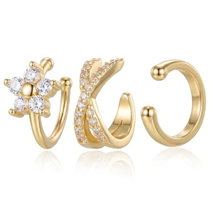 Ear Cuffs for Women Non Piercing - 3PCS Gold Clip On Earrings, 14K Gold Plated Adjustable Cuff Earrings for Women, Dainty Flower Design
