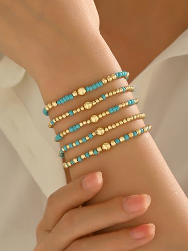 LOTSOF Bohemia Multilayer Beaded Bracelet Set, Turquoise Resin Colorful Surfer Heishi Style Elastic Spring Clasp Friendship Elastic Wristbands Summer Beach Boho Vacation Jewelry - color: Blue
