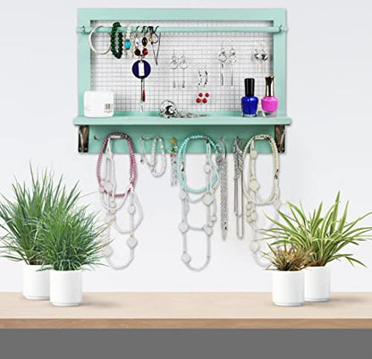 Jewelry Organizer, Wall Mount Jewelry Holder Rack with Hooks Shelf and Removable Rod Hanging Display Earrings Necklaces Bracelets Rings Storage Accessories Wood in Shabby Chic Turquoise - color: Shabby Chic Turquoise