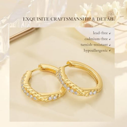 14K Gold Hoop Earrings for Women Thick Large Earrings Lightweight | Gold Plated Huggie Earrings for Women Hypoallergenic (with Gift Box) - color: Twisted CZ-20MM