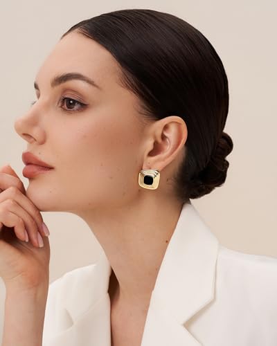 SNGIA 18K Gold Plated Square Stud Earrings for Women by SNGIA, Black Enamel Burgundy Clear Resin Color Options, Chunky Geometric Button Stud Earrings, Retro Statement Jewelry Gifts Accessories