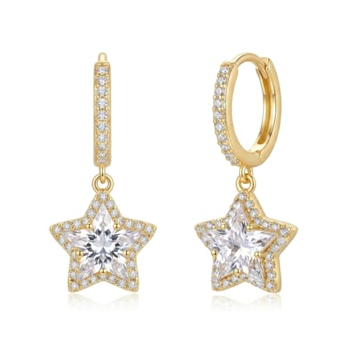 Sonateomber Christmas Tree Dangle Small Gold Hoop Earrings for Women, Cute Sparkly CZ Rhinestone Maple Clover Leaf Drop Earings Thanksgiving Holiday Accessories Fashion Jewelry Gift - color: Gold Star