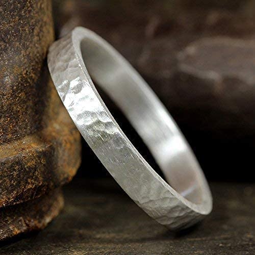 925 Sterling Silver Wedding Ring Hammered Flat Pipe Cut Textured Thick & Durable Handmade Unisex Mens & Women Rustic Engagement Promise Band - US Size 4-13 - Custom Engraving - color: 01 - 3mm Silver