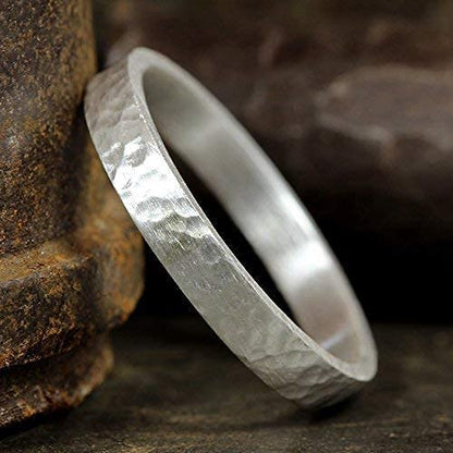 925 Sterling Silver Wedding Ring Hammered Flat Pipe Cut Textured Thick & Durable Handmade Unisex Mens & Women Rustic Engagement Promise Band - US Size 4-13 - Custom Engraving - color: 01 - 3mm Silver