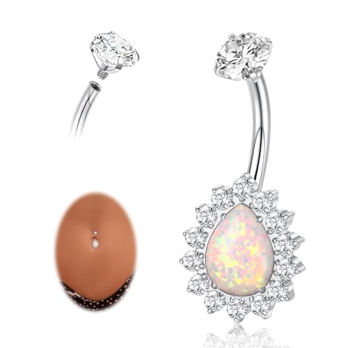 AROWRO Gold Belly Button Ring G23 Titanium Hypoallergenic 14G belly ring for Women Men Teardrop Navel Piercing Jewelry 10mm Barbell With Cubic Zircon - color: Sliver+White Opal