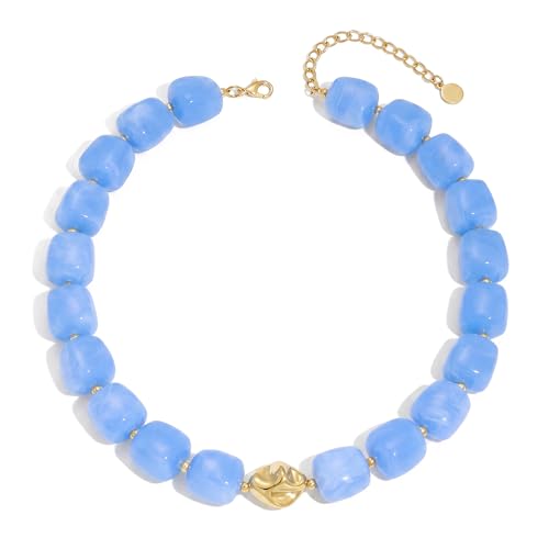 Beaded Necklaces for Women Boho Chunky Necklace Statement Big Resin Bead Choker Fashion Summer Beach Jewelry - color: Sky Blue