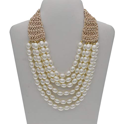 utop JNF Hand made Pearl Statement Necklace for Women Rhinestone Multilayer Crystal Necklaces Chunky Pearl Necklace Large Pearl Necklace and Earrings Set for Mother Mom's gift - color: white bead pearl necklace
