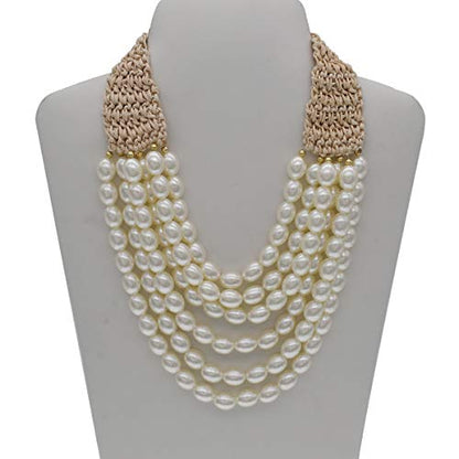 utop JNF Hand made Pearl Statement Necklace for Women Rhinestone Multilayer Crystal Necklaces Chunky Pearl Necklace Large Pearl Necklace and Earrings Set for Mother Mom's gift - color: white bead pearl necklace