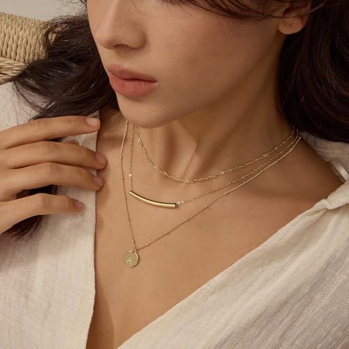 Initial Necklaces for Women Trendy, Stackable Dainty 14k Gold Plated Layered Necklace A-Z Letter Pendant Personized Name Neaklace Satellite Chain Gold Jewelry Set Gifts for Women - color: B