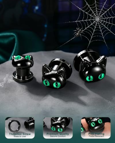 One Piece Halloween Cat Ear Gauges Plug,0G-1/2In Saddle Plug for Ears, 316L Surgical Steel Ear Stretching Piercing Jewelry - size: BK-1/2"(12mm)