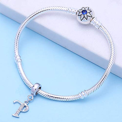 925 Sterling Silver Charms Alphabet Beads fit Pandora Charm Bracelets A-Z Letter Initial Spacer Dangle Clear CZ Stone Authentic for Snake Chain Bracelets - color: P
