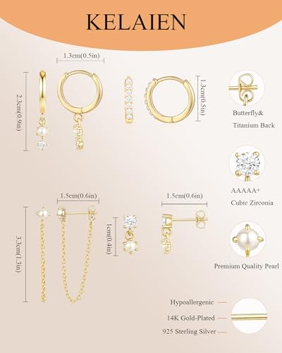 Gold Silver Earrings for Women Trendy 14K Gold Plated Dangle Hypoallergenic Cartilage Earrings Small 925 Sterling Silver Post Dainty Hoop Drop Pearl Earring Stacks Set Huggie Chain Earrings Jewelry - color: A-Pearl Earrings-Gold