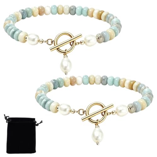 Elova Turquoise Bead Pearl Bracelet, Dainty Handmade Beaded Jewelry | Dainty, Colorful Stackable, Boho Summer Beach, Toggle Clasp, Gift for Women - color: 2pc#Gold