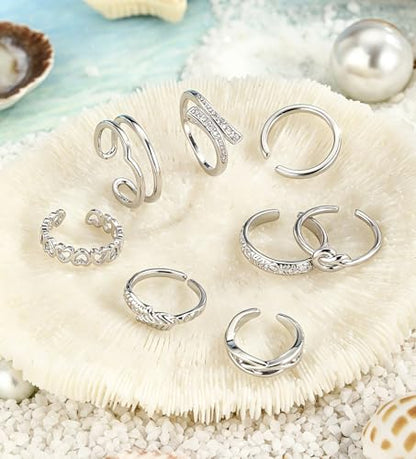 WAINIS 18Pcs Toe Rings for Women | 14K Gold Silver Plated Adjustable Toe Ring,Non Tarnish Simple Hug CZ Triple Open Band Toe Rings,Summer Beach Foot Jewelry - color: silver1