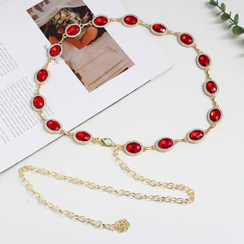 Womens Chain Belt with Jewelry Inlaid Thin Waistband Fashion Waist Belts for Dress Jeans - color: Red