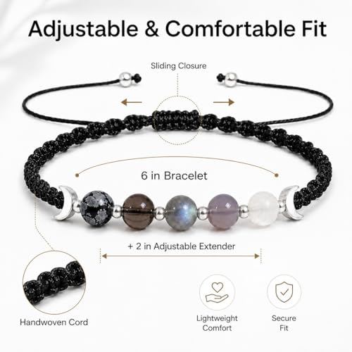 Moon Phases Crystal Healing Bracelet for Women, Adjustable Natural Stone Beaded Bracelet, Anxiety Stress Relief Self-Reminder Spiritual Jewelry, Spiritual Meditation Gift - color: Gray