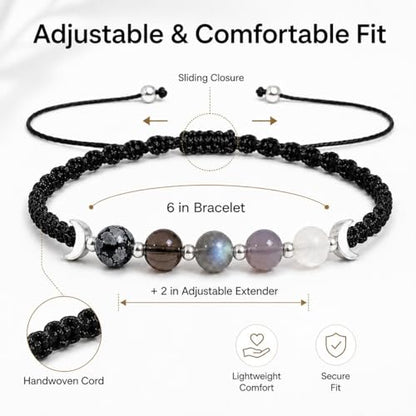 Moon Phases Crystal Healing Bracelet for Women, Adjustable Natural Stone Beaded Bracelet, Anxiety Stress Relief Self-Reminder Spiritual Jewelry, Spiritual Meditation Gift - color: Black