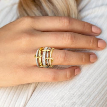Gold Stackable Rings for Women Non Tarnish, 18k Gold Plated Cubic Zirconia Rings, Exquisite Silver Gold Multi Ring Mixed Metals Stack Jewelry Set Size 6-10 - color: 5PCS, size: 9