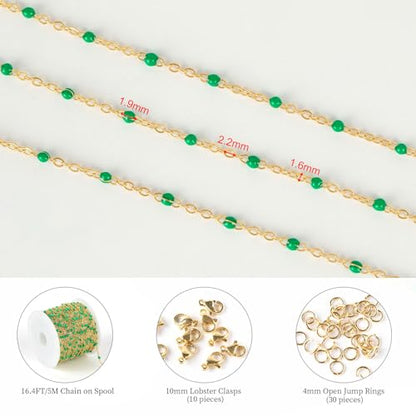 KYUNHOO Gold Plated Jewelry Chain Roll Stainless Steel Cable Chain Links | 16.4 Feet Green Rosary Bead Chains with Jewelry Findings for Necklace Bracelet Making - color: Gold-Green-2mm