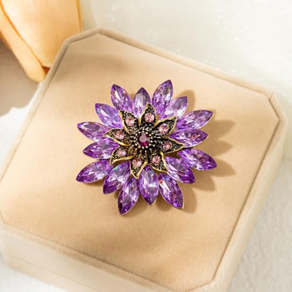 Sparkling Rhinestone Flower Brooch Pin Fashion Crystal Sunflower Brooch Floral Lapel Pins Red/Green/Purple/Pink Crystal CZ Broochs Large Flower Pin Clothes Hat Bag Dress Broochs Wedding Bridal Jewelry for Women - color: Purple