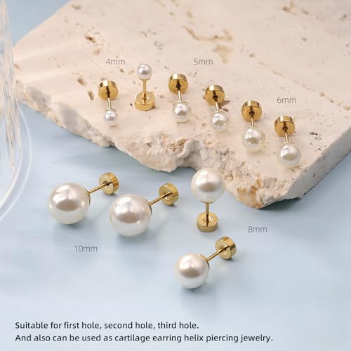 Pearl Earrings Studs for Women, 1 Pair Gold Filled Silver Hypoallergenic Titanium 20G Post with Screw Flat Back Small Pearls Jewelry Gift - color: Gold, size: 5mm Pearl