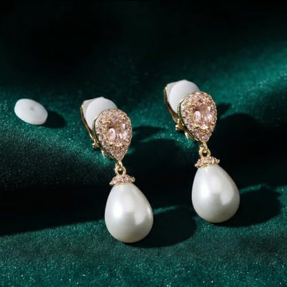 Mariell Pearl Bridal Wedding Drop Earrings with CZ Crystals for Brides, Bridesmaids, Birthday Gift - color: Gold Clip On - Champagne Cubic Zirconia