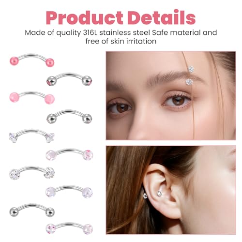 10PCS Eyebrow Piercing, 18G Snake Eyes Piercing Jewelry Tongue, Curved Barbell Eyebrow Rings, for Piercings on The Earlobe, Eyebrows, Lip and Tongue.