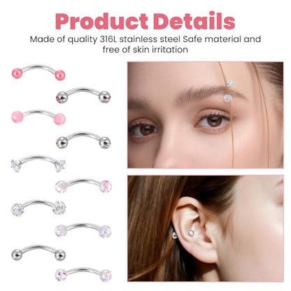 10PCS Eyebrow Piercing, 18G Snake Eyes Piercing Jewelry Tongue, Curved Barbell Eyebrow Rings, for Piercings on The Earlobe, Eyebrows, Lip and Tongue.