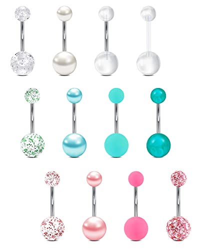 VCMART 14g 12mm & 14mm Navel Ring - Surgical Steel Belly Rings in Silver, Pink & Green for Women - Long Bar Belly Button Piercing Jewelry - style: B1 -12mm belly bar, 12pcs